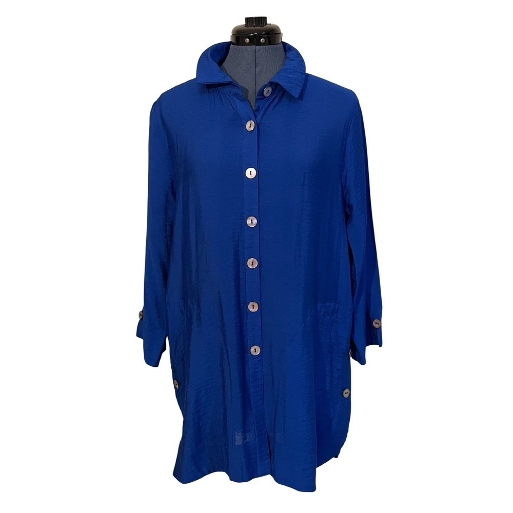 Multiples Blue Satin Button Up 3/4 Sleeve Tunic Lagenlook Art to Wear Career M